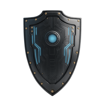 Futuristic shield with sleek black design features intricate circuit patterns and glowing blue center, evoking sense of advanced technology and protection png