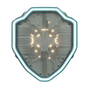 Futuristic shield with glowing circuit patterns and neon blue outline symbolizes advanced technology and cybersecurity. intricate design suggests protection and innovation png