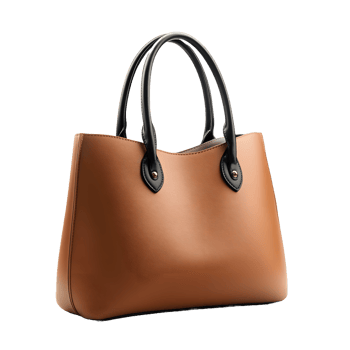 Elegant tan leather tote bag with black handles isolated on transparent background png