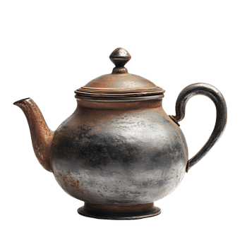 A rustic antique metal teapot with a worn textured surface isolated on transparent background png