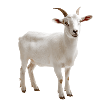 A young white goat with brown horns stands looking forward isolated on transparent background png