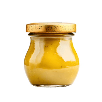 Glass jar filled with yellow sauce and golden lid isolated on transparent background png