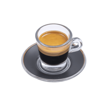 Clear glass cup filled with rich espresso sits on matching saucer, showcasing creamy layer of crema on top. simplicity and elegance of presentation highlight coffee inviting aroma png