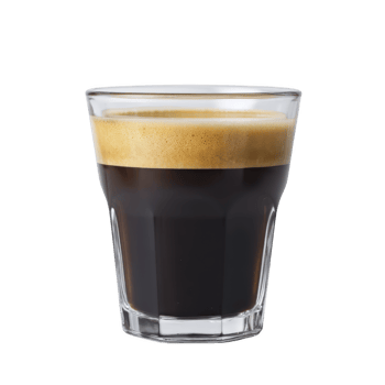 Glass of rich, dark espresso with creamy foam layer on top, served in clear glass, showcasing its deep color and inviting aroma. Perfect for coffee lovers png