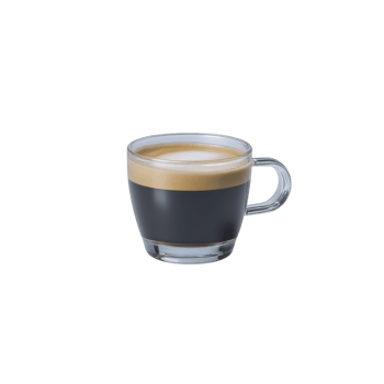 Clear glass cup filled with rich, dark espresso topped with creamy layer of froth, isolated transparency background. simplicity and elegance of presentation highlight inviting aroma and warmth png