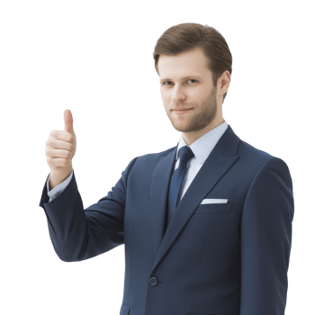Confident man in blue suit gives thumbs up gesture, expressing approval and positivity. professional attire and gesture suggest success and satisfaction png