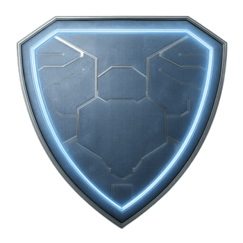 Futuristic shield with glowing blue outline and intricate geometric patterns symbolizes protection and technology. metallic texture adds modern, sleek appearance png