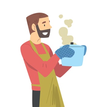Young Man in Apron Cooking in the Kitchen, Guy Holding Hot Saucepan Cartoon Style Illustration vector