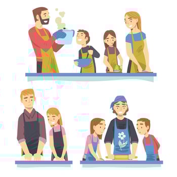 Families Cooking in the Kitchen Set, Parents Spending Time with their Children and Teaching them to Cook Cartoon Style Illustration vector