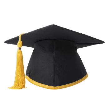 Black graduation cap with yellow tassel symbolizes academic achievement and celebration. It is often worn during graduation ceremonies to mark completion of degree png