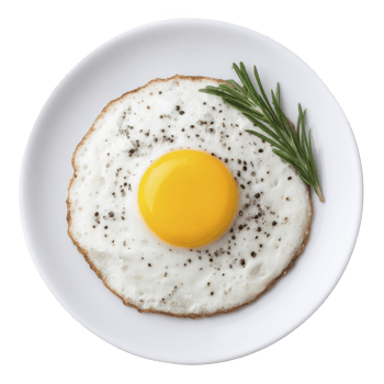 Perfectly cooked sunny side up egg with vibrant yellow yolk is seasoned with black pepper and garnished with sprig of fresh rosemary on white plate png
