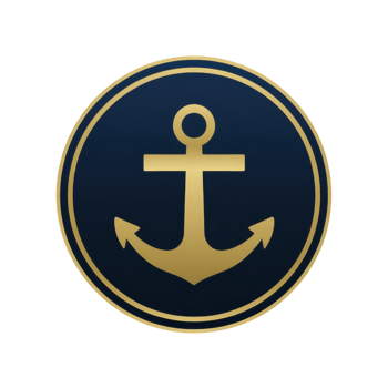 Gold anchor symbol is centered within circular navy blue background, representing maritime themes and stability. design is simple yet elegant, evoking sense of nautical tradition png