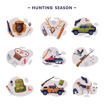 Hunting Season, Hunter Attributes, Tackles and Equipment Set Flat Illustration vector
