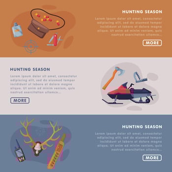 Hunting Season Landing Page Templates Set, Hunter Attributes, Tackles and Equipment Website Interface Flat Illustration vector