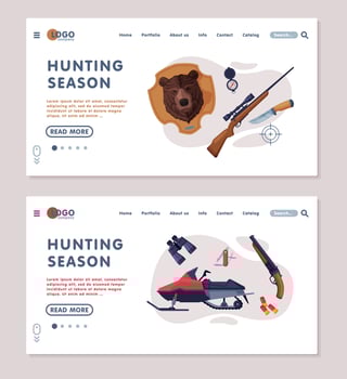 Hunting Season Landing Page Templates Set, Hunter Tackles and Equipment Website Interface Flat Illustration vector