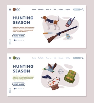 Hunting Season Landing Page Templates Set, Hunter Tackles and Equipment Website, Mobile App Interface Flat Illustration vector
