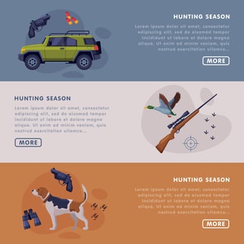 Hunting Season Landing Page Horizontal Templates Set, Hunting Attributes, Tackles and Equipment Website Interface Illustration vector