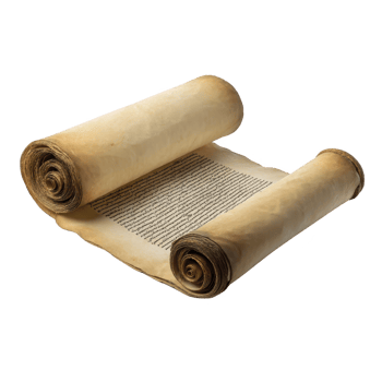 Ancient scroll with rolled edges, featuring handwritten text on aged parchment, evokes sense of history and mystery. scroll texture and script suggest historical significance png