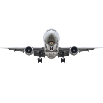 Large commercial airplane is flying directly towards viewer, showcasing its powerful engines and sleek design against clear sky. aircraft landing gear is visible, indicating it is preparing to png