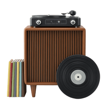 Vintage style record player with wooden cabinet and stack of colorful vinyl records evokes nostalgia. black turntable and large vinyl record are prominently displayed png