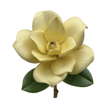 Golden magnolia flower with textured petals and green leaves creates elegant and luxurious appearance. metallic sheen adds touch of sophistication and beauty png