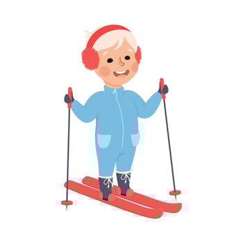 Cute Boy Skiing, Winter Outdoor Activity, Kid Doing Sports, Active Healthy Lifestyle Concept Cartoon Style Illustration vector