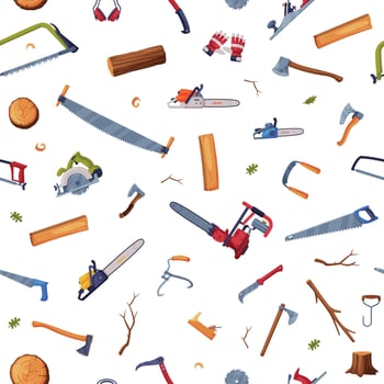 Woodworking Tools with Saw, Ax and Timber Seamless Pattern vector