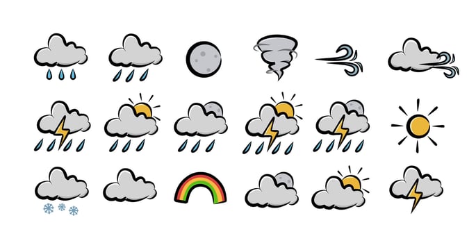 Weather icons set with clouds rain sun moon storm rainbow in cartoon style for weather app forecast infographic and educational graphic vector
