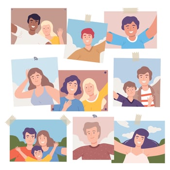 People Making Selfie Using Smartphones Set, Families and Friends Spending Time Together and Photographing Cartoon Illustration vector
