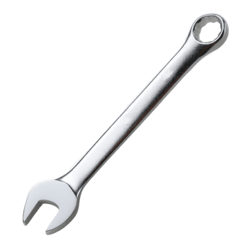 Shiny metal wrench with open end and ring end, used for tightening or loosening nuts and bolts, isolated on transparency background png