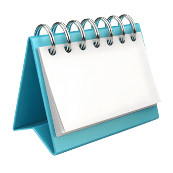 Desktop calendar with a blank white surface, featuring a light blue stand and silver binder rings against a black backdrop, transparent background png