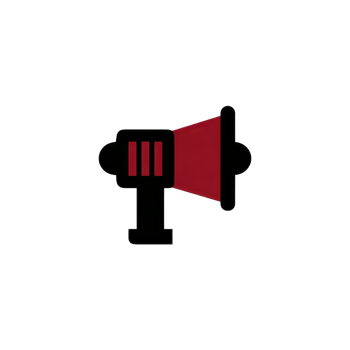 Red and black megaphone icon symbolizes communication and announcement. simple design features red cone and black handle, conveying message of alertness png