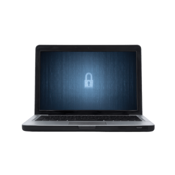 Laptop displaying digital lock symbol on screen, representing cybersecurity and data protection. blue background with binary code emphasizes theme of secure technology png