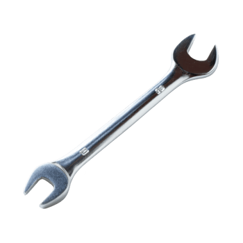 Shiny metal wrench with open ends, used for tightening or loosening nuts and bolts, is displayed against transparency background. tool is essential for mechanical and repair tasks png