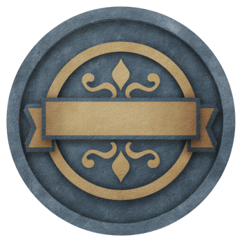 Round, vintage style emblem with blank gold banner and ornate design on textured blue background, evoking sense of elegance and tradition png