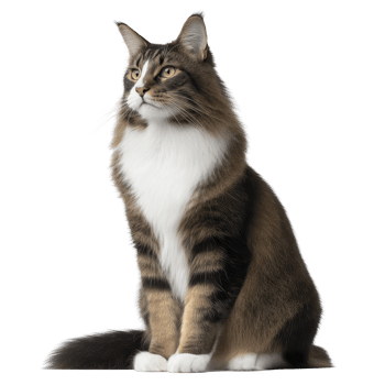 Majestic Maine cat with fluffy coat and striking green eyes sits gracefully, showcasing its large size and distinctive ear tufts. cat calm demeanor adds to its regal appearance png