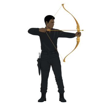 Archer in black outfit aims golden bow with focus and precision. silhouette highlights archer stance and bow elegant design, capturing moment of concentration png