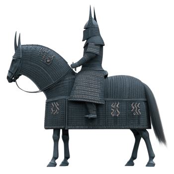 Warrior in traditional armor sits atop fully armored horse, showcasing historical battle attire. intricate design and detailing of armor reflect ancient craftsmanship and military history png