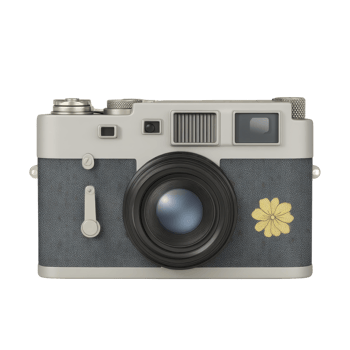 Vintage style camera with textured body and floral design on front, featuring prominent lens and classic controls, evokes nostalgia and elegance png