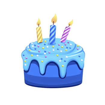 Blue birthday cake with three lit candles and colorful sprinkles creates festive and joyful atmosphere png