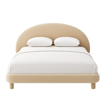 Modern beige upholstered bed with rounded headboard and white bedding, featuring two pillows, creates cozy and inviting atmosphere png