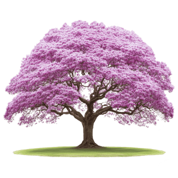 Large, vibrant pink flowering tree stands alone on patch of green grass, showcasing its full bloom and lush foliage. tree branches spread wide, creating symmetrical and picturesque canopy png