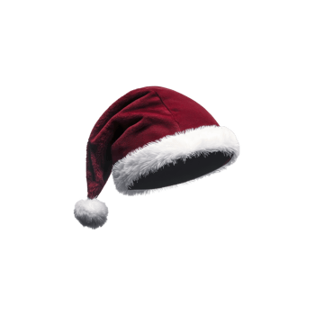 Red Santa hat with white fur trim and fluffy pom pom, featuring unique claw mark design, evokes festive yet edgy vibe. Perfect for holiday celebrations with twist png