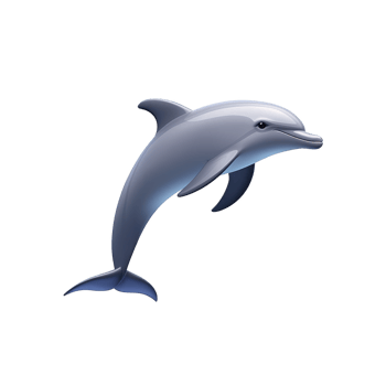 Playful dolphin illustration showcases sleek, streamlined body of marine mammal, highlighting its smooth, gray skin and curved dorsal fin, set against transparent background png