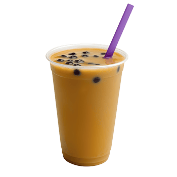 Refreshing cup of bubble tea with purple straw, featuring creamy milk tea and chewy tapioca pearls, served in clear plastic cup png