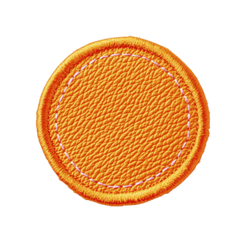 Round orange leather patch with stitched edges creates vibrant and textured appearance, perfect for adding pop of color to clothing or accessories png