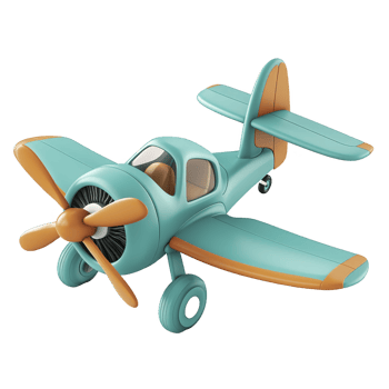 3D illustration of vintage style toy airplane with cheerful design, featuring blue body and orange accents, including propeller and wing tips. playful look evokes sense of nostalgia png