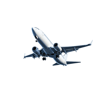 Commercial airplane in flight with landing gear extended, set against clear sky, showcasing aviation technology and travel png