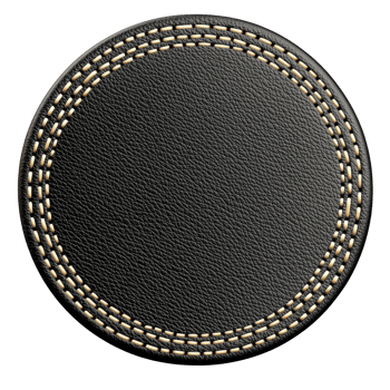 Round black leather patch with intricate beige stitching around edges, creating textured and elegant design. craftsmanship highlights contrast between dark leather and light thread png