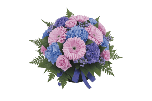 Vibrant bouquet featuring pink roses, gerbera daisies, and blue hydrangeas, accented with lush green leaves and decorative blue ribbon, creating cheerful floral arrangement png